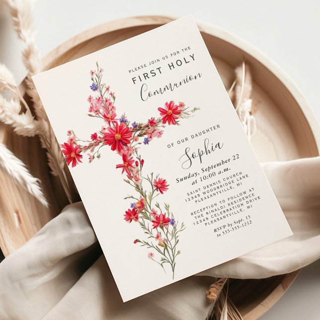 Red Wildflowers Floral Cross First Communion Invitation (Creator Uploaded)