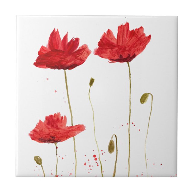 Red Wildflowers Floral watercolor Kitchen Rustic Ceramic Tile (Front)