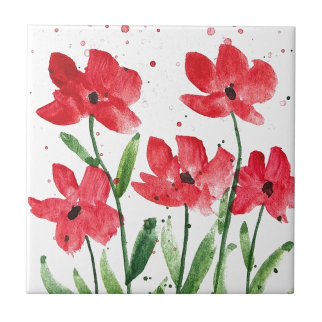 Red Wildflowers Floral watercolor Kitchen Rustic Ceramic Tile (Front)