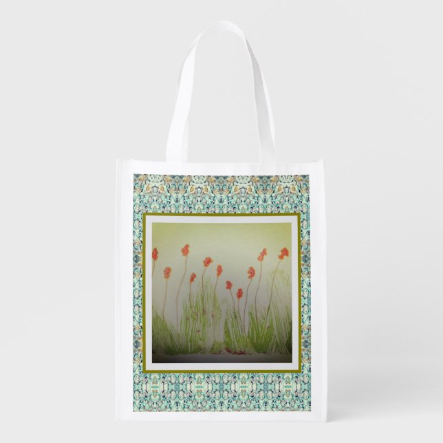 Red Wildflowers Grocery Bag (Front)