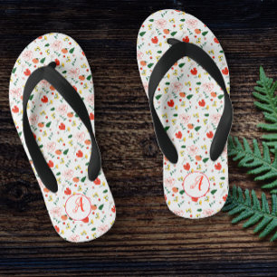 Red wildflowers pattern girl initial kid's flip flops