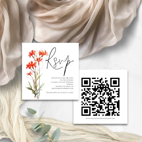 Red Wildflowers Script QR Code Wedding RSVP  Enclosure Card