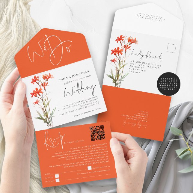 Red Wildflowers We Do QR Code Wedding All In One Invitation (Inside and outside view)