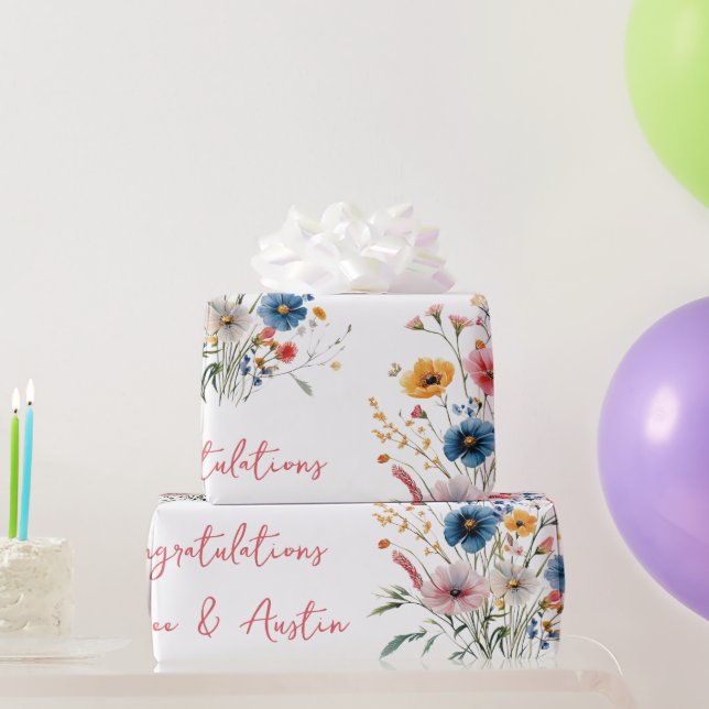 Red Wildflowers Wedding/Shower Congratulations  Wrapping Paper (Party Gifts)