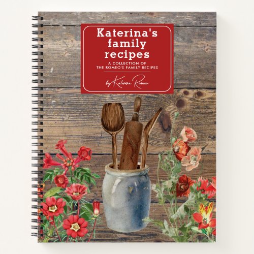 Red Wildflowers Wood Kitchen Utensils Recipe Notebook