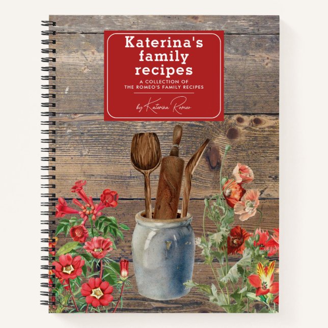 Red Wildflowers Wood Kitchen Utensils Recipe Notebook (Front)