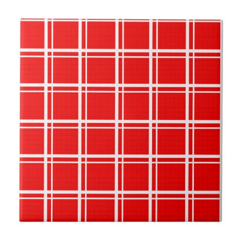 Red Windowpane Plaid Grid Stripes Pattern Design Ceramic Tile