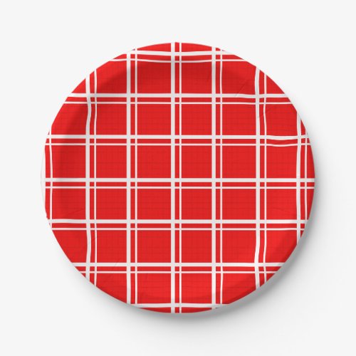 Red Windowpane Plaid Grid Stripes Pattern Design Paper Plates