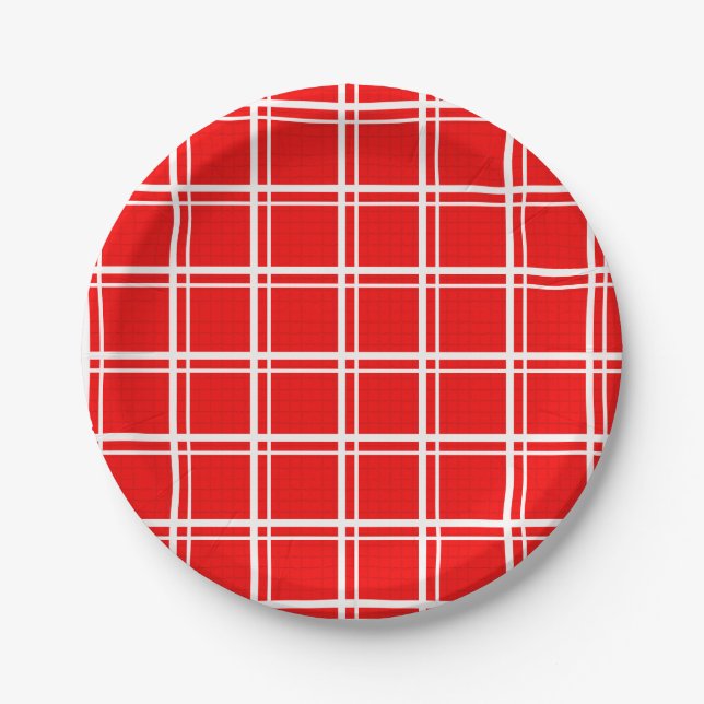 Red Windowpane Plaid Grid Stripes Pattern Design Paper Plates (Front)