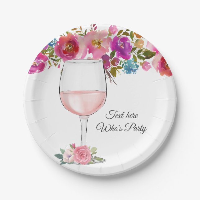 red wine, adult birthday, wedding, floral paper plates (Front)