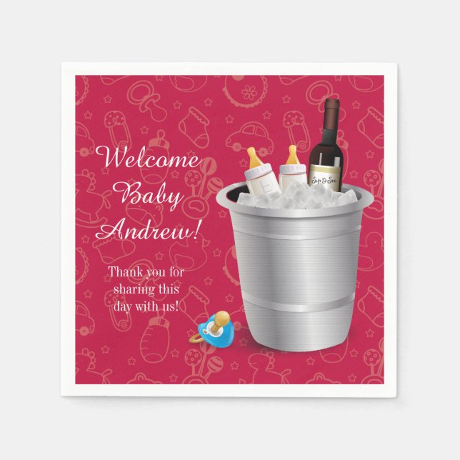 Red Wine and Baby Bottles Sip and See Napkins (Front)