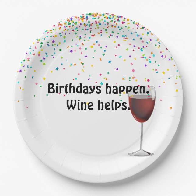 Red wine and birthday party confetti paper plates (Front)