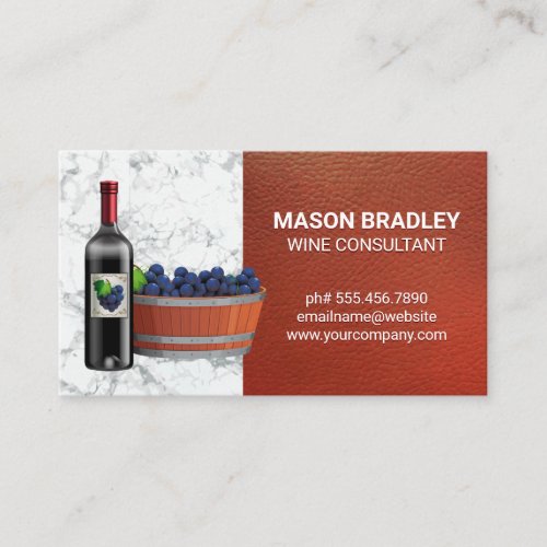 Red Wine and Grape Bucket  Red Leather Marble Business Card