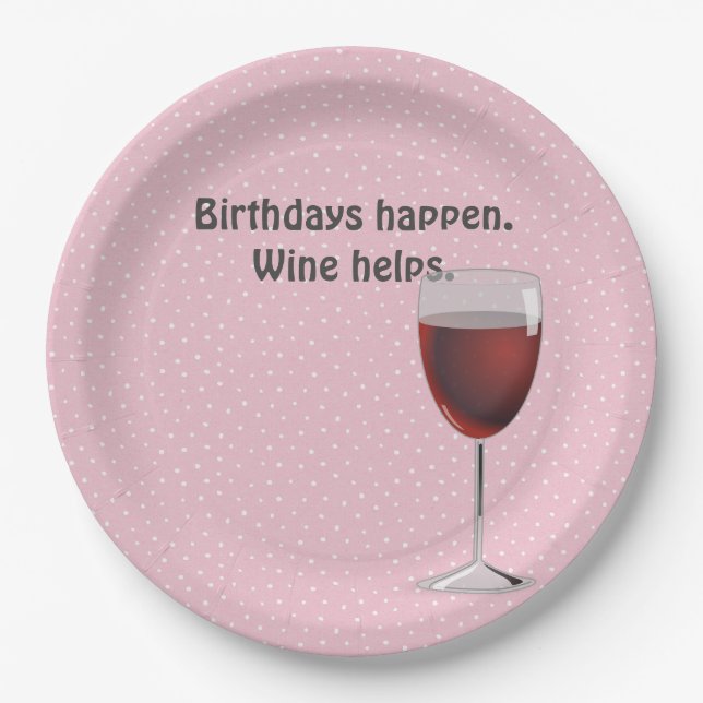 Red Wine and Polka Dots Birthday Paper Plates (Front)