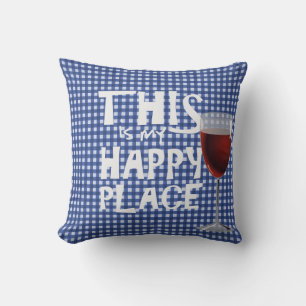 red wine and quote on blue gingham throw pillow