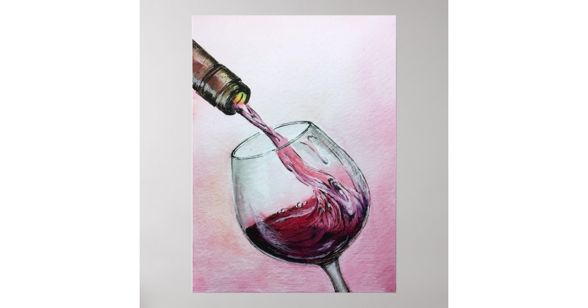 Red Wine Art Poster Watercolor Painting Kitchen Zazzle Com