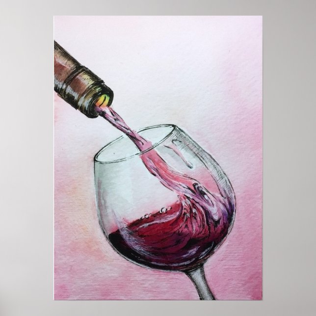 Red Wine Art Poster Watercolor Painting Kitchen (Front)