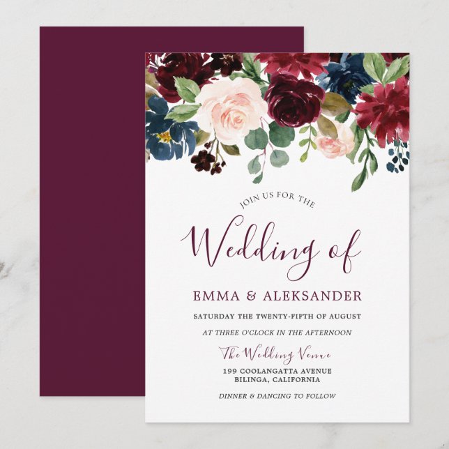 Red Wine Beautiful Burgundy Flowers Wedding Invite (Front/Back)