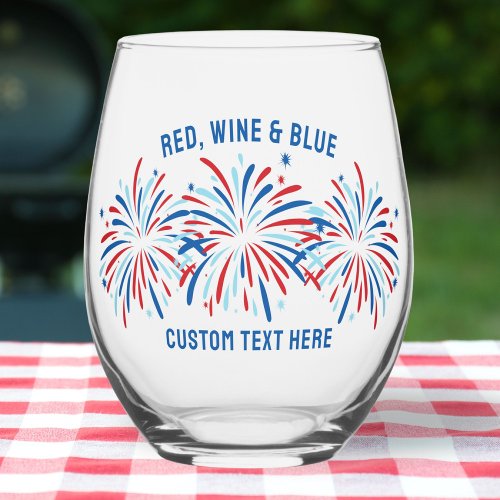 Red Wine  Blue Fireworks 4th Of July Custom  Stemless Wine Glass