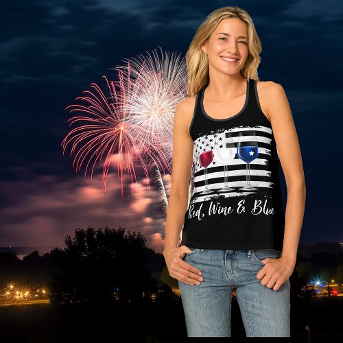 Red Wine Blue Flag USA 4th of July  Tank Top