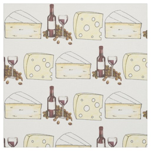Red Wine Bottle and Brie Swiss Cheese Food Fabric