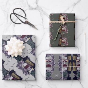 Red Wine Bottle Glass Grapes Vintage Digital Art Wrapping Paper Sheets