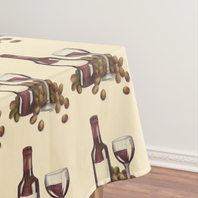 Red Wine Bottle Glass Grapes Winery Print Pattern Tablecloth (In Situ)