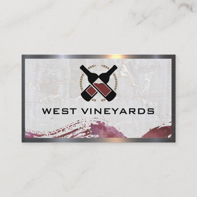 Red Wine Bottles | Marble Metal Border Business Card (Front)