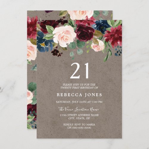 Red Wine Burgundy Floral 21st Birthday Party Invitation