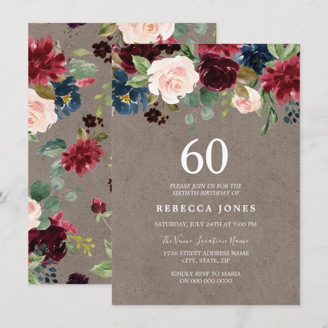 Red Wine Burgundy Floral 60th Birthday Party Invitation (Front/Back)