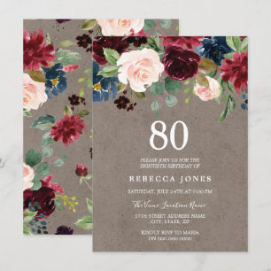 Red Wine Burgundy Floral 80th Birthday Party Invitation