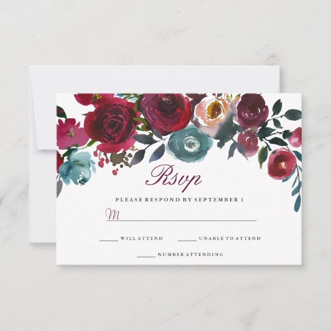 Red Wine Burgundy Floral Wedding RSVP (Front)