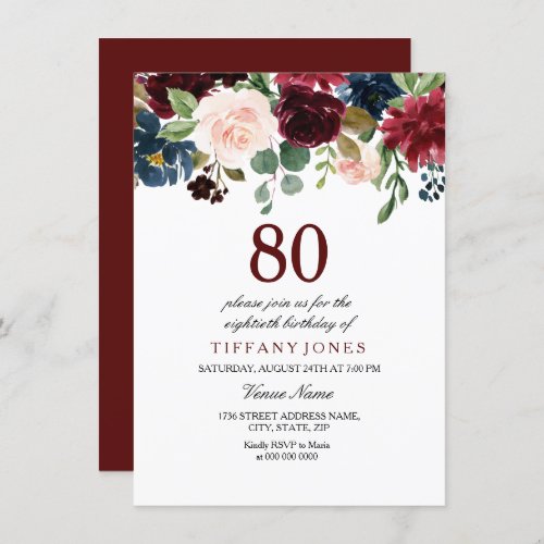 Red Wine Burgundy Flowers 80th Birthday Invite
