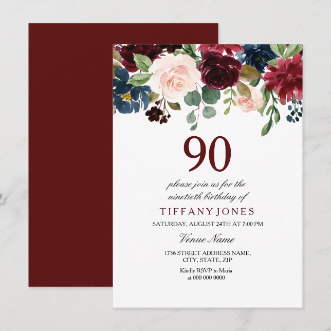 Red Wine Burgundy Flowers 90th Birthday Invite (Front/Back)