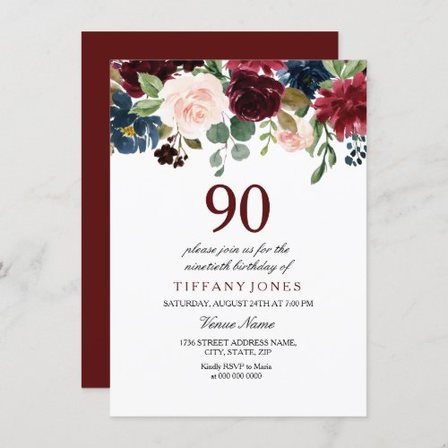 Red Wine Burgundy Flowers 90th Birthday Invite