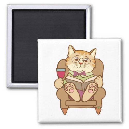 Red Wine Cat Reading Book in Chair Magnet