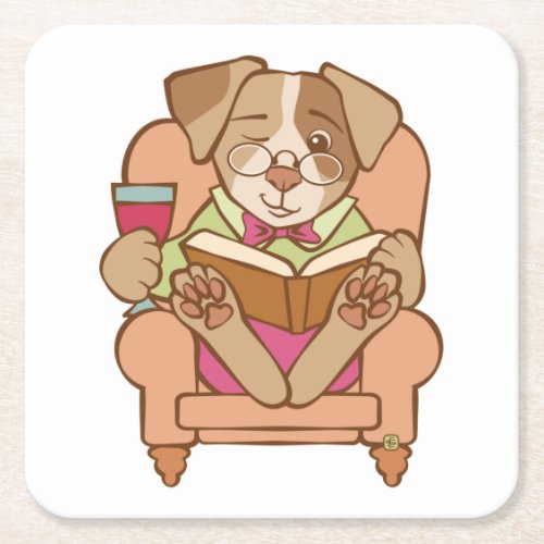 Red Wine Dog Reading in Chair Square Paper Coaster