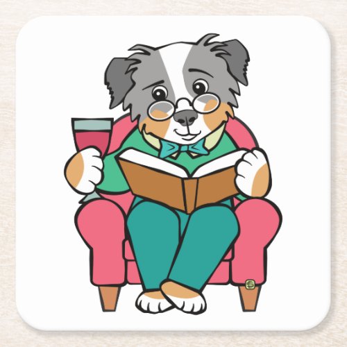 Red Wine Dog Reading Square Paper Coaster