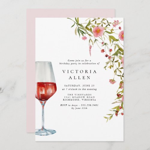 Red Wine  Elegant Pink Floral Womens Birthday Invitation