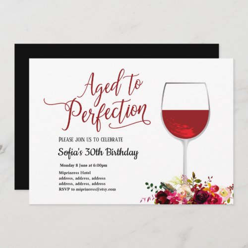 red wine floral aged to perfection birthday invitation