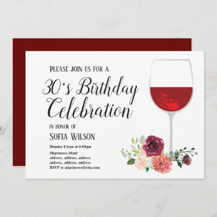 red wine, floral, birthday party invitation