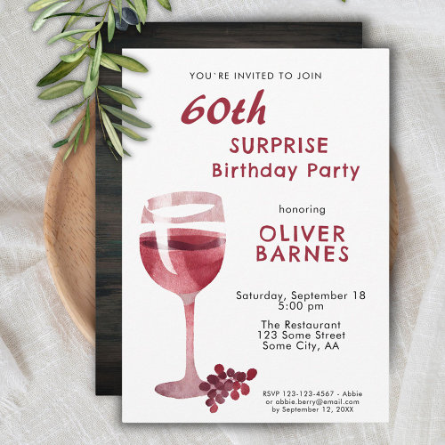 Red Wine Glass 60th Birthday Surprise Party Invitation