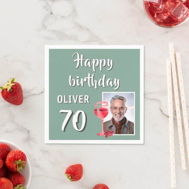 Red Wine Glass 70th Birthday Party Photo Napkins (Insitu)