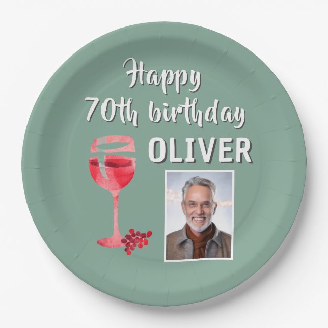 Red Wine Glass 70th Birthday Party Photo Paper Plates (Front)