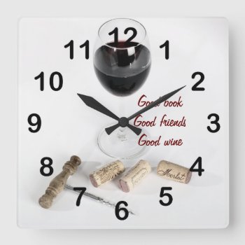Red Wine Glass And Corks Square Wall Clock by myworldtravels at Zazzle