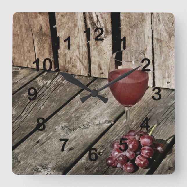 Red wine glass and grapes on wood texture square wall clock (Front)
