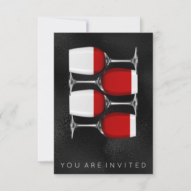 Red Wine Glass Black Silver Glass Invitation (Front)