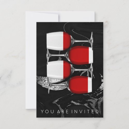 Red Wine Glass Black Silver Marble Invitation