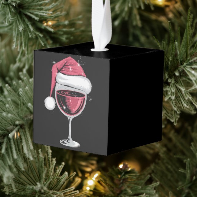 Red Wine Glass Christmas Funny Christmas Xmas  Cube Ornament (Tree)
