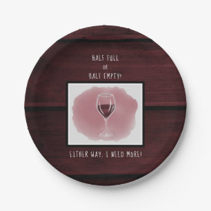 Red Wine Glass Half Empty Full Saying Watercolor Paper Plates